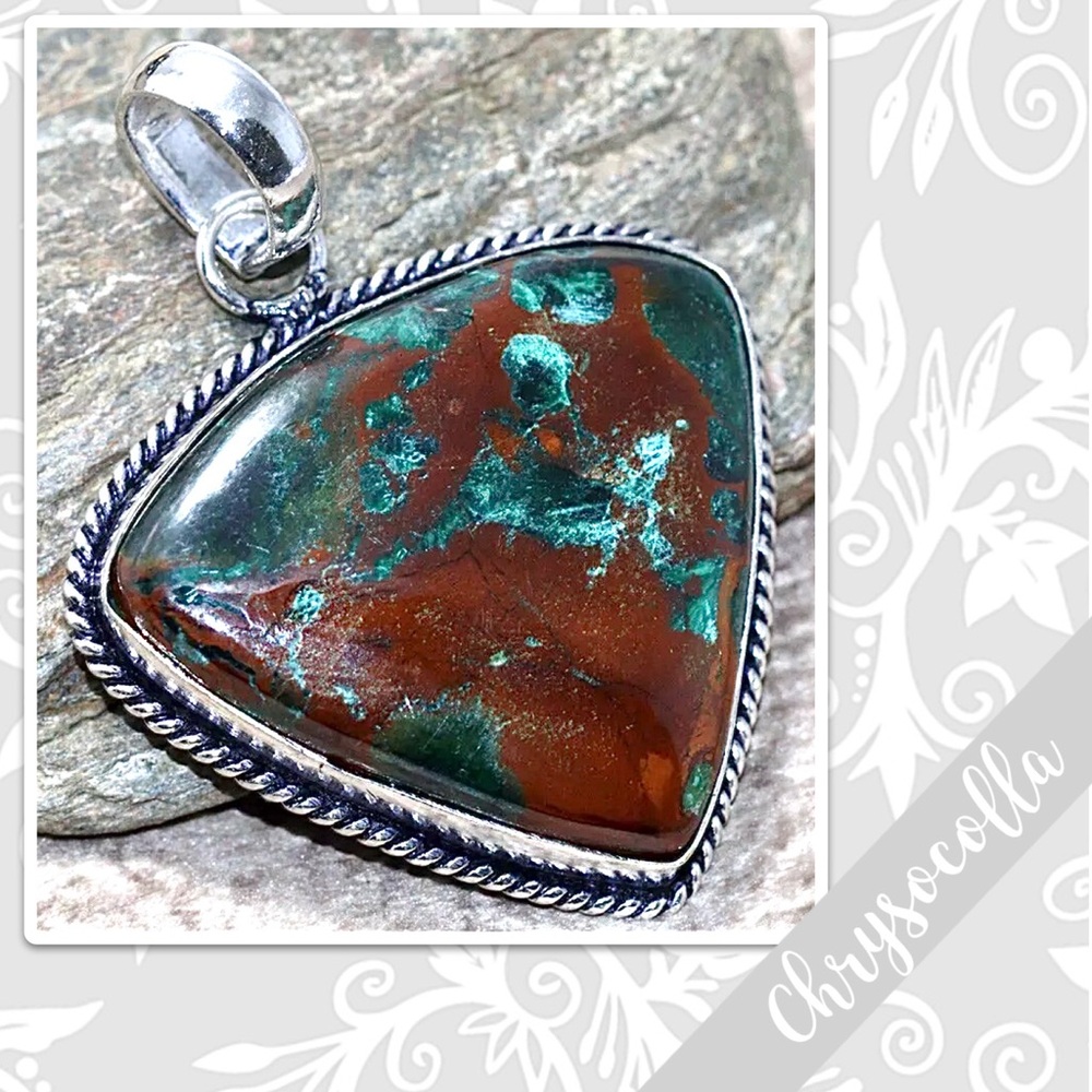 Chrysocolla Large Silver Artisan Pendant, 1.7” (Teal Blue-Green, Rust Brown)
